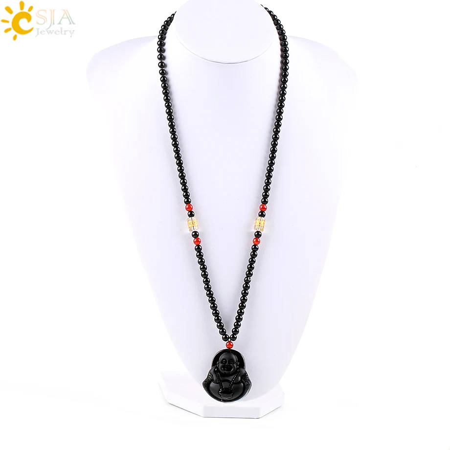 

CSJA Natural Black Obsidian Men 108 Mala Necklaces Pendant Raw Stone Carving Elephant Dragon Buddha Cross Amulet Jewellery E624