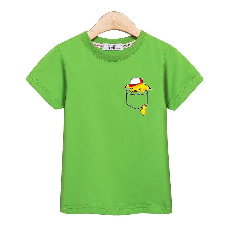 Funny pockets pikachu tops kids clothes little boys short sleeve t-shirt baby girls cute print costume kid boy casual tee shirt - Цвет: Green1