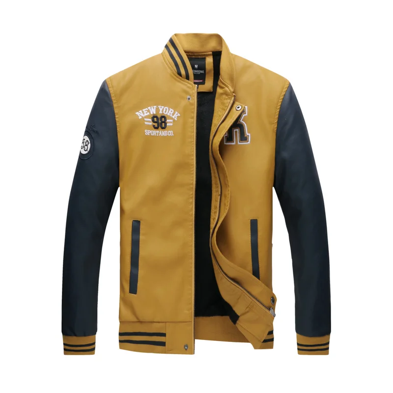 Leather Jackets casaco masculino Jacket Men Embroidery Baseball Jackets Pu Leather Coats Slim Fit College Luxury Fleece Pilot
