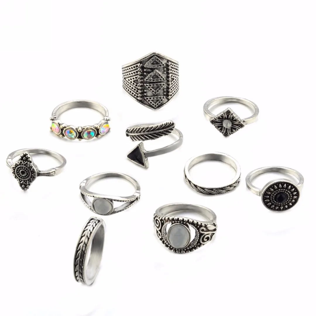 10pcs/set Vintage Steampunk Ring Sets Shellhard Punk Leaf StoneStacking Midi Finger Ring for Women Jewelry Female Anillos