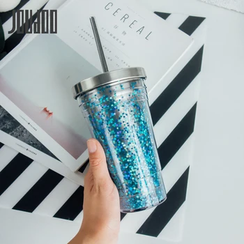 

JOUDOO Stainless Steel Hot And Cold Double Wall Drinking Cups Tumbler With Straw Coffee Mugs 500ml Irregular Diamond With Lid 35