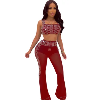 

Fashion 2019 Sexy Summer 2 Piece Set Women Beading Crop Top And Flare Pant Set Clothing Matching Sets See Through Club Outfits