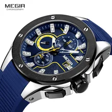 MEGIR Men’s Sports Chronograph Quartz Watches Silicone Strap Luminous Waterproof Army Military Wristwatch Man Relogios 2053 Blue