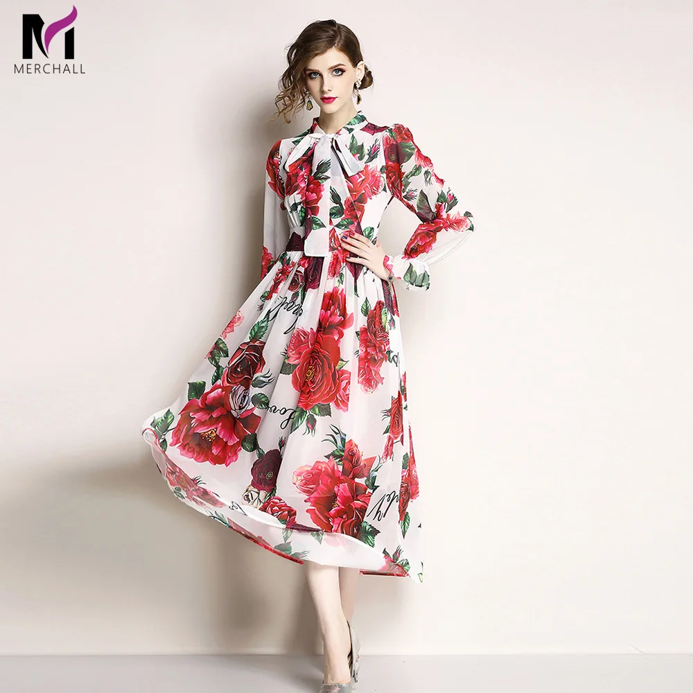 

Merchall New Fashion Runway Summer Long Sleeve Maxi Dress Women's elastic Waist Floral Print Elegant Party Holiday Long Dresses