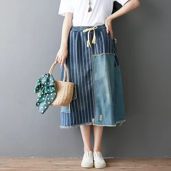 

Casual Harajuku Vintage Retro Ethnic Hippie Boho Elastic Waist Striped Denim Blue Jeans Patchwork Pocket Women Spring Skirt