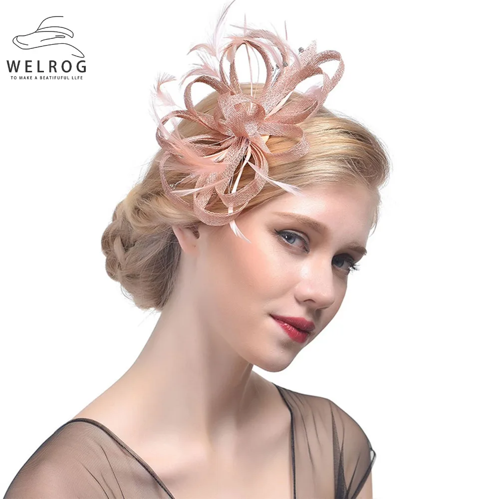 

WELROG Fascinator Hats Women Feather Ribbon Sinamay Cocktail Hat Wedding Bride Church Hat Ladies Fedora Caps Headwear Party