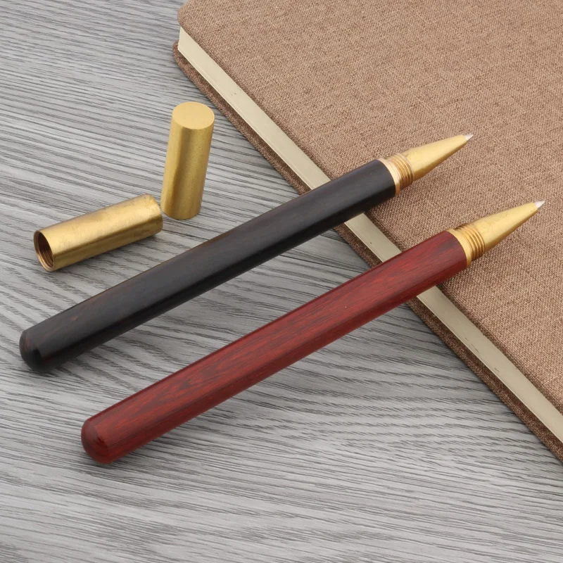 

Rotate twist student wood pen cover metal golden Trim ROLLERball PEN