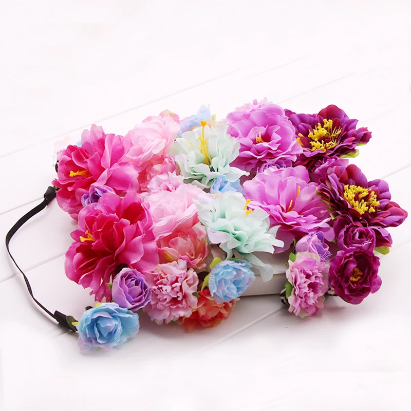 

Peony colorful artificial flower Wreath Crown Headband Floral Garlands Bridal Headdress Hair Band Accessories elastic Headwear