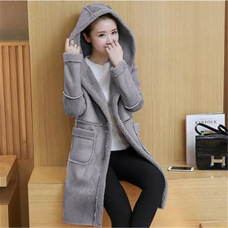 

2018 autumn winter women's Faux suede lambswool Jackets and coats women hooded long coat fashion Slim warm Outerwear coat new