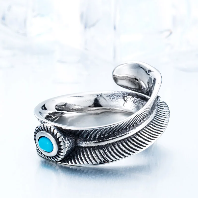 Beier Green Stone Woman And Man Stainless Steel Retro Style Gothic Unisex Feather Ring For Girl Boy BR8-367