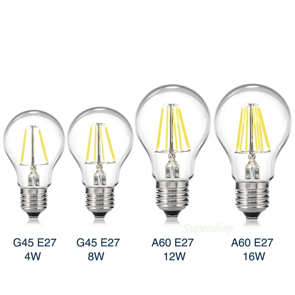 Дешевые E27 Edison светодиодный Лампа накаливания Стекло Корпус света лампада AC 110 В 220 В 4 Вт 8 Вт 12 вт 16 Вт Винтаж круглый G45 A60 люстры