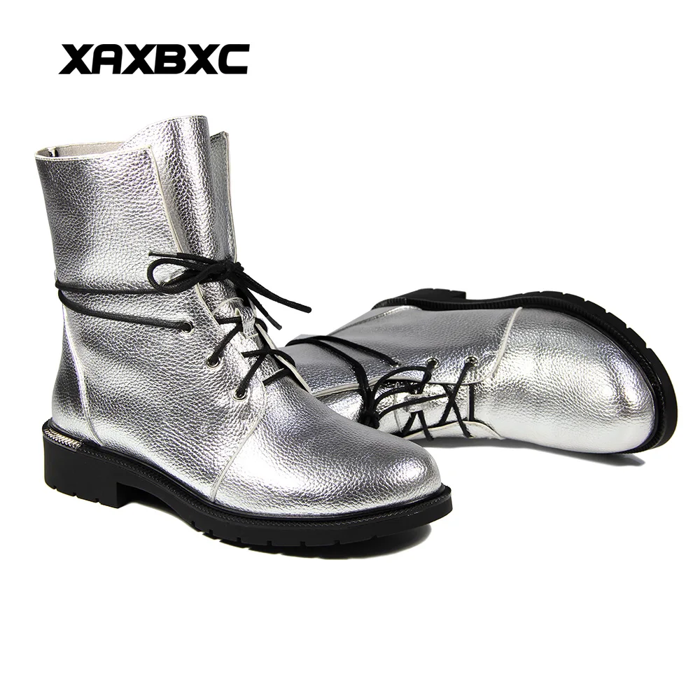

2019 New Winter Autumn Spring Silver PU Leather Low Heels Short Ankle Boots Warm Women Boots Handmade Casual Ladies Mujer Shoes