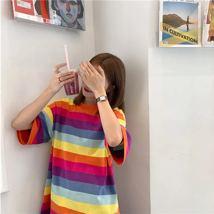 

2019 Rainbow Women Short Sleeved T-shirt O-Neck Short Fashion T-Shirt Women