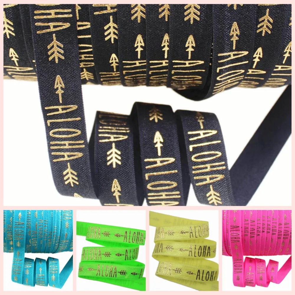 

7 colors 5/8" gold foil fold over elastic, gold foil Aloha letters & arrows printed foe elastic