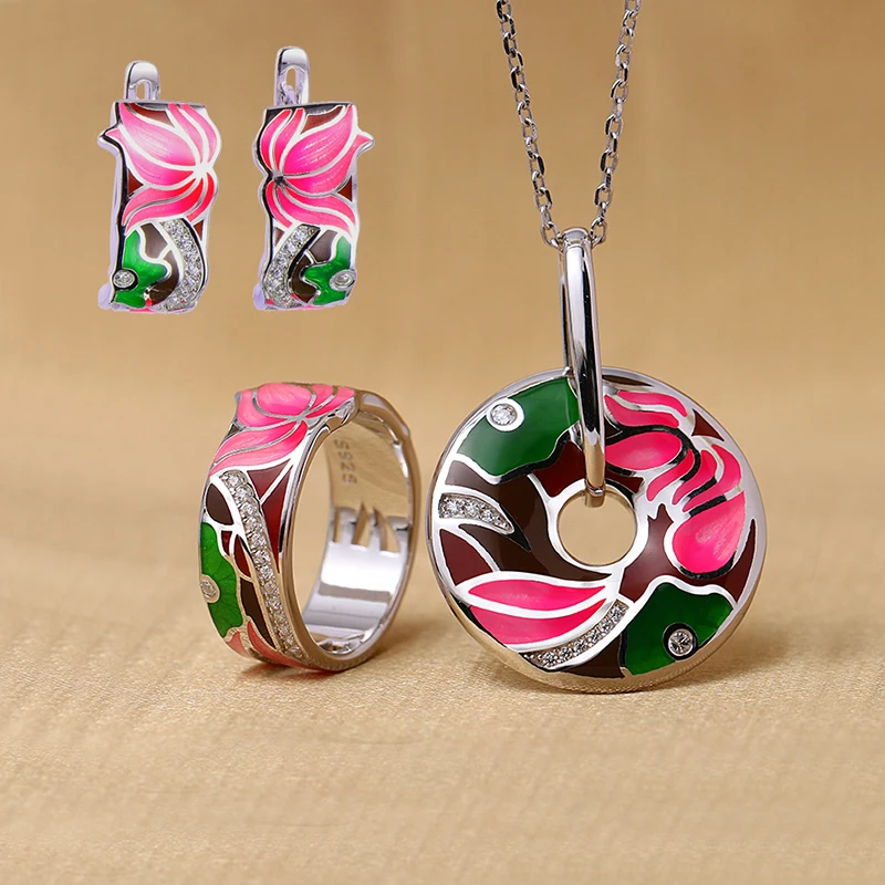 Dropshipping Lotus Flower Enamel Silver Stud Earrings Pendant Ring Jewelry Sets Women 925 Silver Wedding Jewelry Set Wholesale (3)