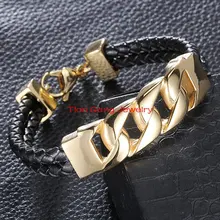 2015 New Fashion Mens Stainless Steel Gold Curb Cuban Chain Bracelet And Black Genuine Leather Bangle Jewelry 15MM Width
