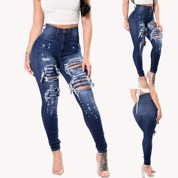 

High Waist Jeans Women Slim Washed Ripped Hole Gradient Long Jeans Denim Sexy Regular Pants Ripped Jeans For Women Jean Femme