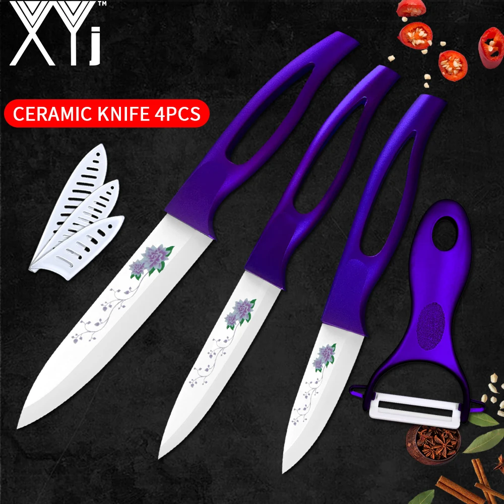 

XYj Ceramic Knives With Peeler Housewife Perfect Cooking Tool White Blade Purple Handle Elegant Lotus Ceramic Kitchen Knife Sets