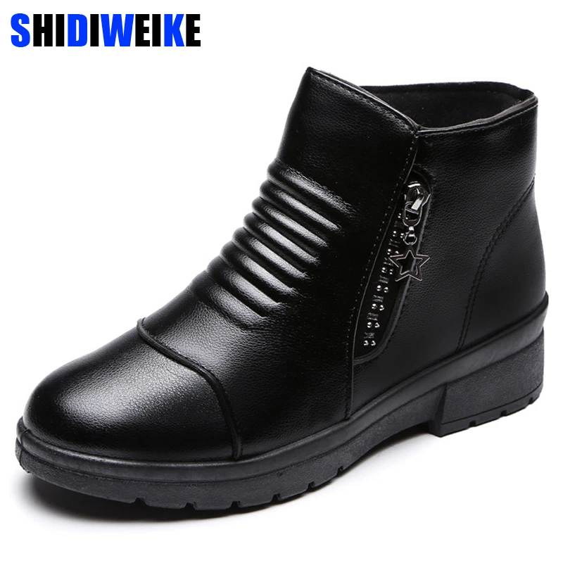 

2019 New Autumn Winter PU Leather Shoes Women Boots Pleated Low Heel Wedges Ankle Boots N433