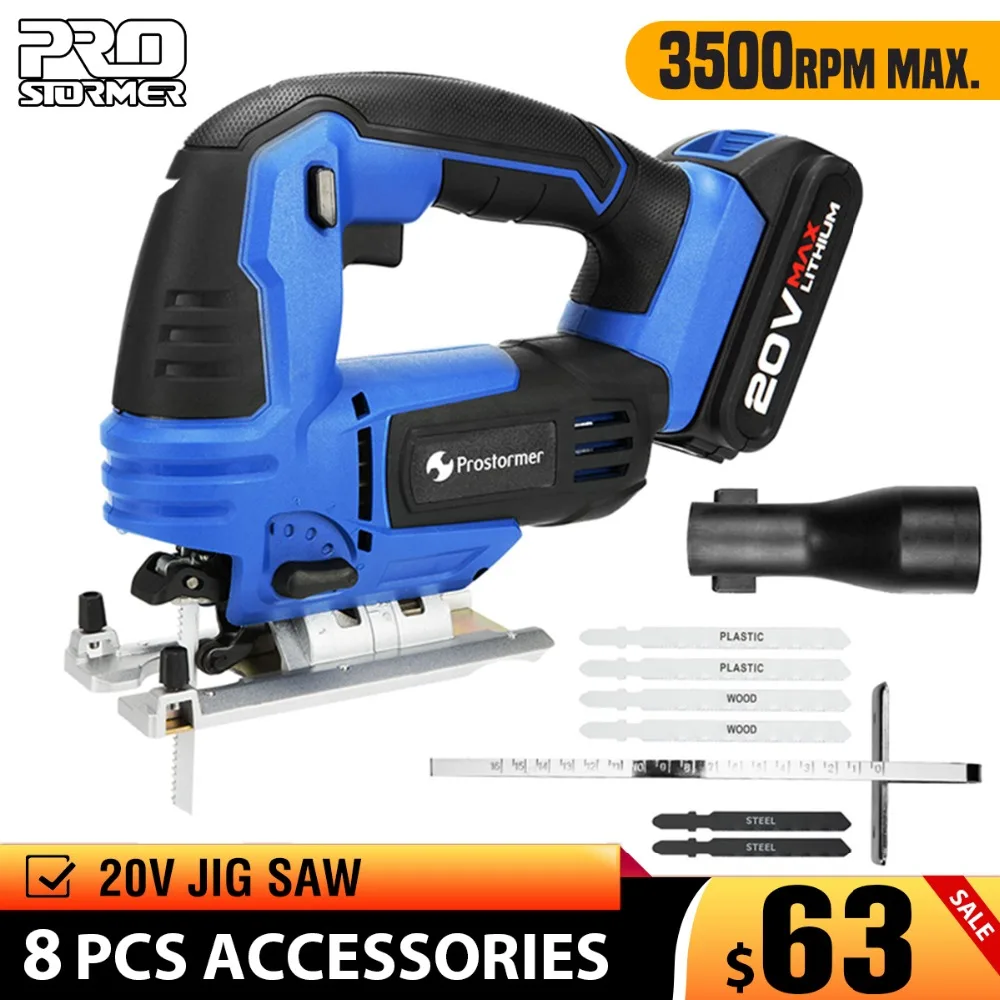 

PROSTORMER 20V Jig Saw Power Tool Cordless Jigsaw Quick Blade Change Electric Saw LED Light Guide With 6 Pcs Blades Woodworking