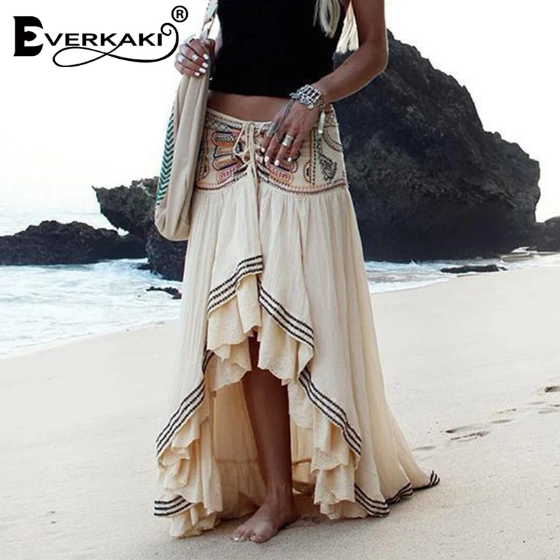 Preise Everkaki Bohemian Stickerei Frauen Gypsy Sommer Rock Baumwolle Lace Up Strand Boho Lange Röcke Weibliche Casual Bottoms Rock 2019 Neue