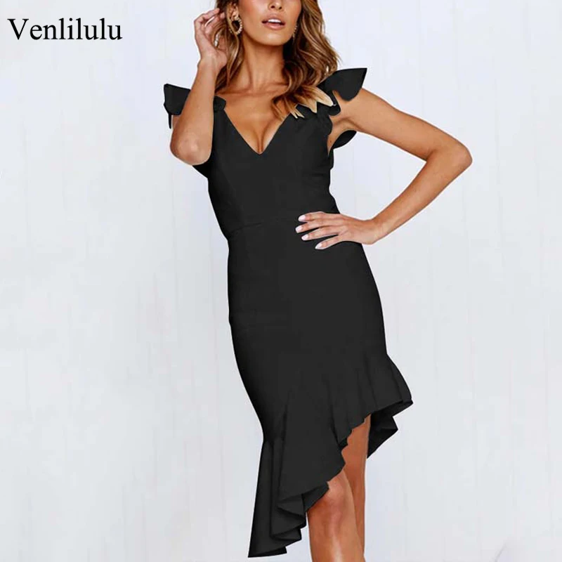 

Slim Sexy Backless Dress Women Sleeveless Party Summer Dress Female Hollow Out Ruffles Night Pencil Dresses for Women