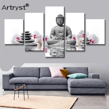 

HD Prints 5 Pcs Buddha Statues Phalaenopsis Flowers Large Canvas Painting Modular Poster Wall Art Picture for the Living Room