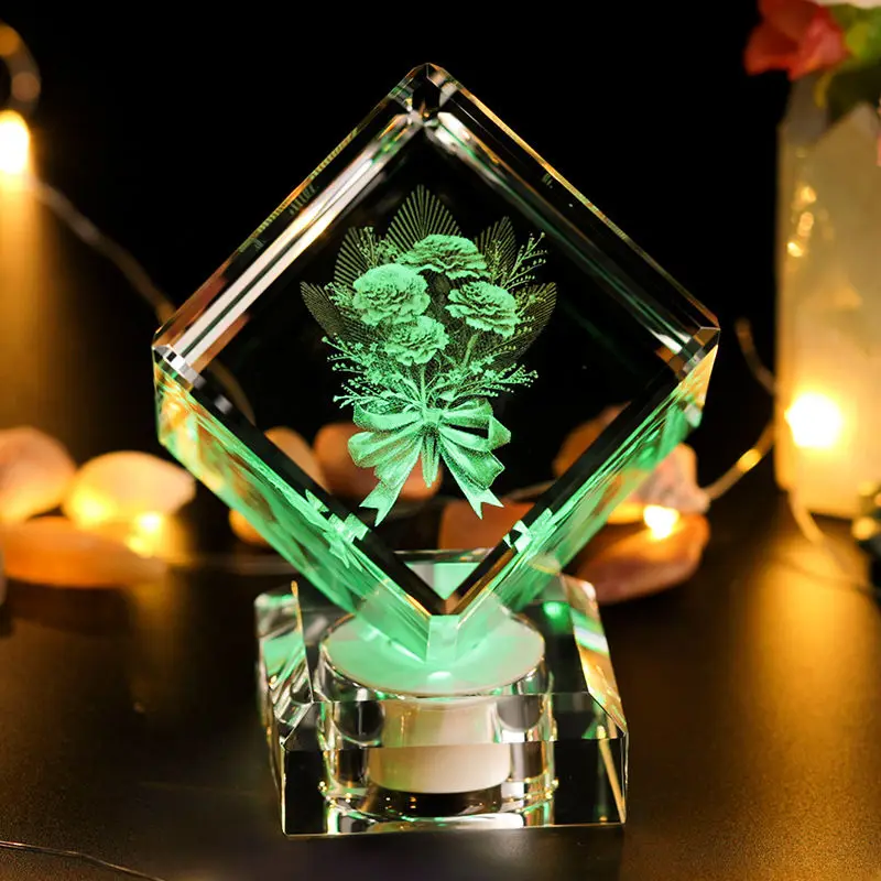 Ручной работы прекрасная роза 3D лазерная гравировка кристалл блок стекло Led гравировка куб с поворотной музыкальной базой для рождественского подарка - Цвет: Bunch(Crystal Base)