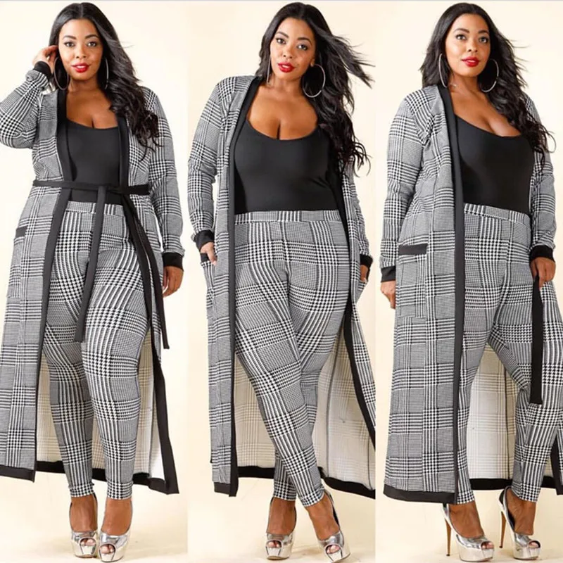 2018 Fashion Sexy Overcoat and Slim Pants Plaid Two Piece Sets Long Sashes Trench Cardigan and Bodycon Pants Suit Summer Outfits 2018 Fashion Sexy Overcoat and Slim Pants Plaid Two Piece Sets Long Sashes Trench Cardigan and Bodycon Pants Suit Summer Outfits