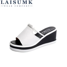 LAISUMK Women Slipper Sandals Heels Wedges Platform Leather Peep Toe Crystal Elegant Female Sandals Mules Clogs Summer Shoes LAISUMK Women Slipper Sandals Heels Wedges Platform Leather Peep Toe Crystal Elegant Female Sandals Mules Clogs Summer Shoes