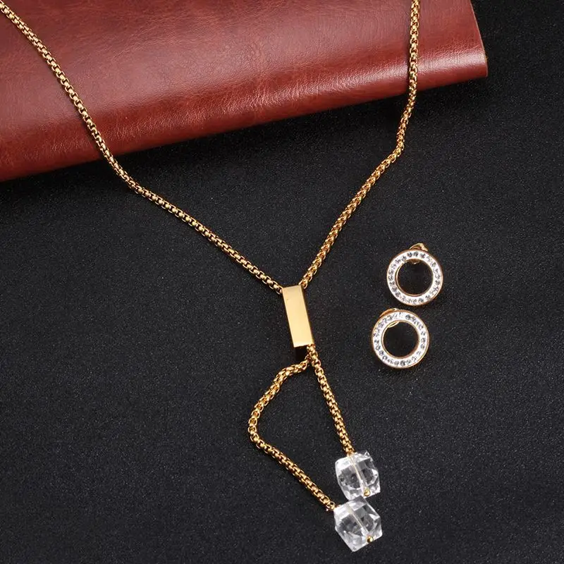 

Cubic Zirconia Jewelry Set Necklace Earring stainless Steel Gold Plating Crystal Pendant Moon Necklaces stud Earrings sets