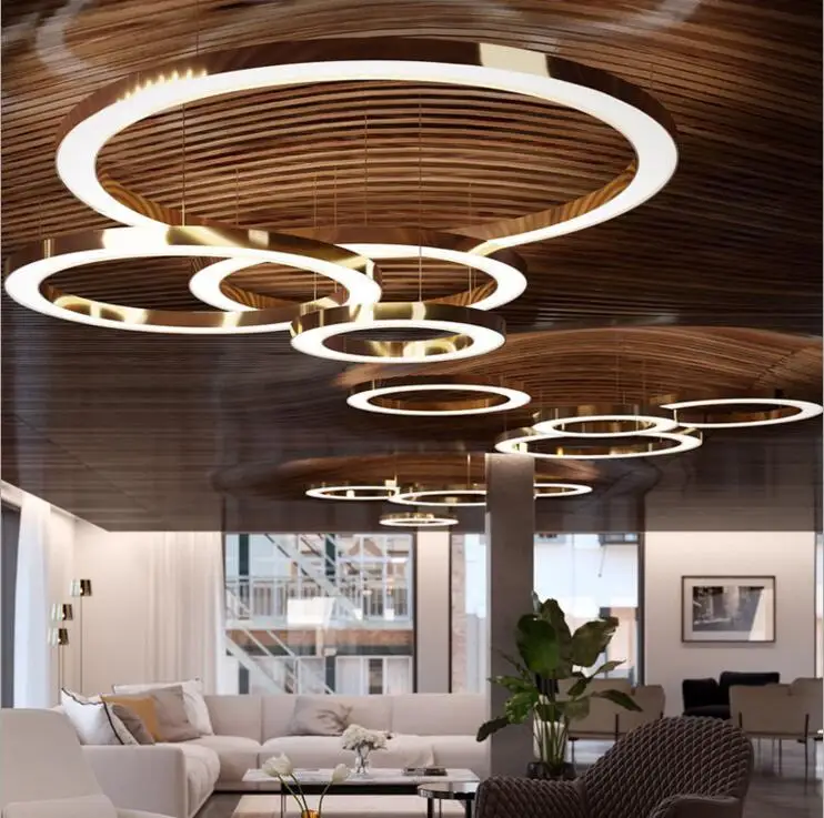 

LED round restaurant chandelier post modern minimalist atmosphere stainless steel ring lobby hotel engineering lamps led fixture
