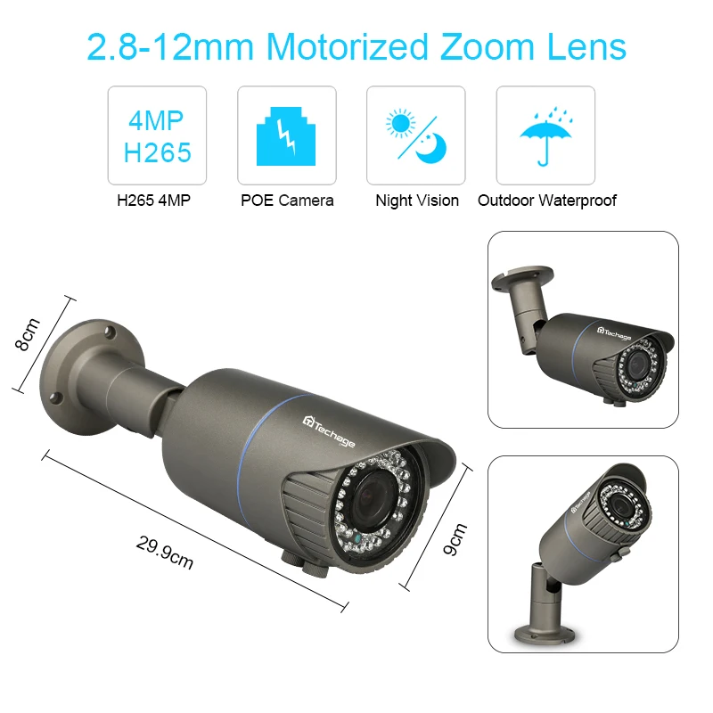 Techage H.265 Home Security 4MP POE IP Camera Outdoor 2.8mm-12mm Motorized Zoom Auto Lens CCTV Came