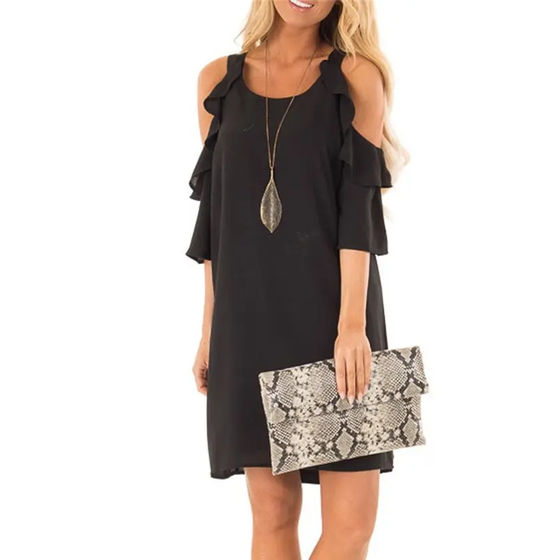New Women Summer Ladies Strapless Shoulder Ruffle Sleeve Pure Color Summer Dress Elegant Mini Fashion Casual Vestidos #4A30 (17)