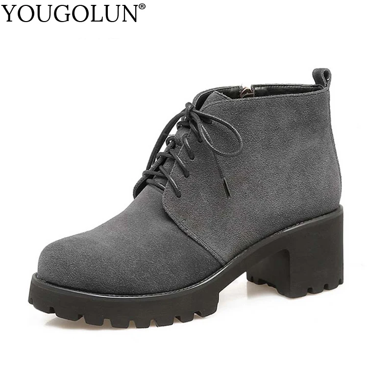 

YOUGOLUN Women Ankle Boots Spring Genuine Cow Suede Leather Square Heel 5.5 cm High Heels Gray Lace Up Platform Shoes #Y-263