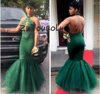 

Plus Size African Evening Gowns Green Mermaid Backless Evening Dress Open Front Satin Organza Elegant Formal Dress For Women