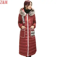 Winter Coat long over knee self-thickening cotton Parka women’s fur collar stitching down jacket