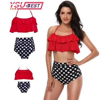 

2020 Mommy and Me Swimsuit Leaf Print Ruffled Mother and Daughter Matching Swimwear New Summer Bikini Family Matching Swimsuit