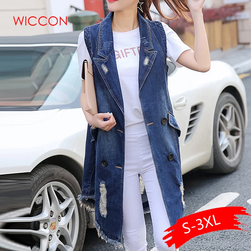 

2019 Spring Autumn Women Streetwear Cowboy Denim Jacket Female Vintage Sleeveless Long Jeans Jacket Vest Ladies Plus Size 3XL