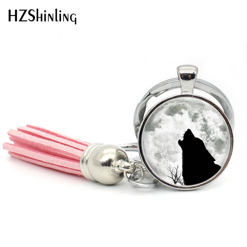 

2017 Fashion Howling Wolf Tassel Keychain Full Moon and Animal Keyring Silver Round Jewelry Glass Keychains Gifts For Men