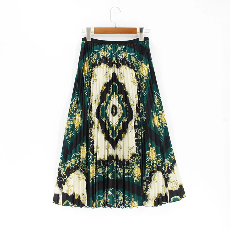 Srping Летняя женская юбка высокая эластичность полосатая печать миди плиссированная длинная юбка Jupe Femme размера плюс зеленая юбка