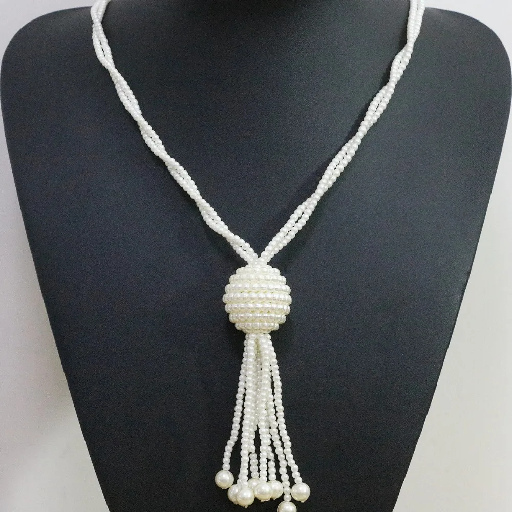 

Unique bohemia white 3mm shell pearl beads necklace round ball tassel pendant diy women jewelry B1429
