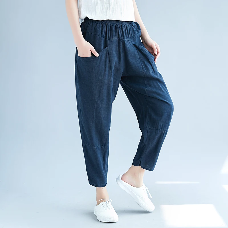Pantalones Femme 2019 Cotton Linen Harem Pants Women Pocket Elastic High Waist Casual Spring Summer Trousers Women Radish Pants 1