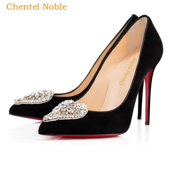 

2019 Chentel Noble Ladies Designer Shoes Women Flock Heels Crystal Fashion Wedding Shoes Black Color Women Pumps Bottom