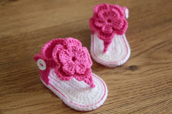 Crochet Baby flip flop sandals,baby Summer sandals,CROCHET Baby Sandals with Little Puff Flowers Size9cm,10cm,11cm 4