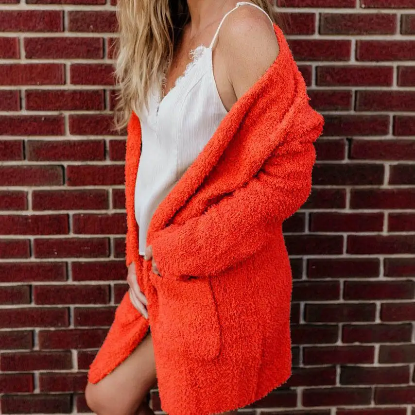 Casual Plush Coat Women 2018 Autumn Winter Warm Soft Long Jacket Female Plush Overcoat All Match Outerwear With Pocket Orange