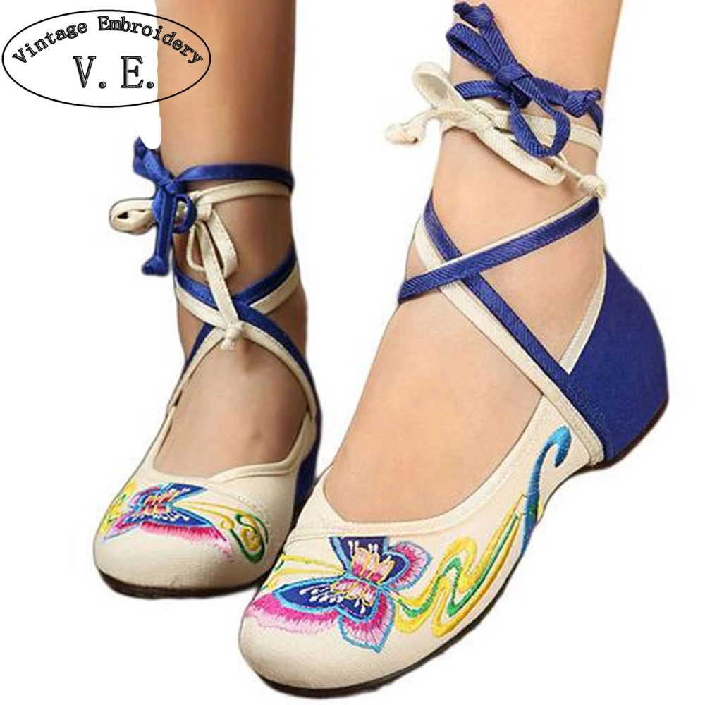 

Chinese Women Shoes Butterfly Flats Casual Embroidery Shoes Lace Up Soft Sole Cloth Dance Ballet Flat Red Black Plus Size 40