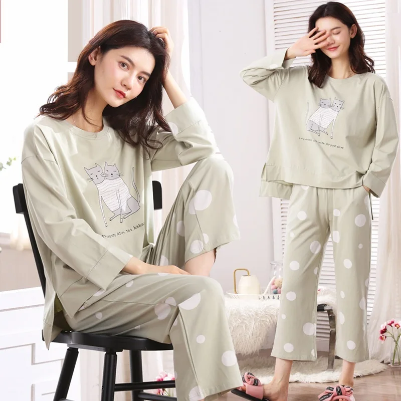 

Women Pajamas Set Spring Autumn New Thin Cartoon Cat Printed Long Sleeve Cute Sleepwear Casual Homewear Female Pyjamas