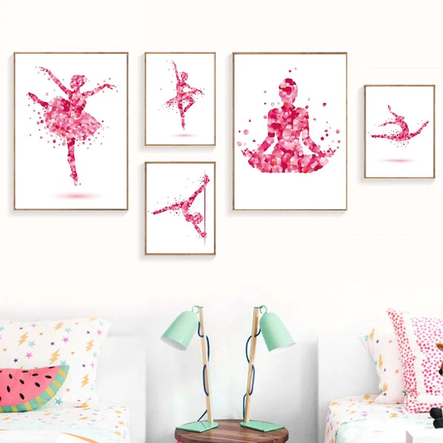 Petals Fairy Girl Dancing Yogo Wall Art Print For Girls Bedroom Canvas Painting Modern Wall Picture Nordic Poster For Home Decor