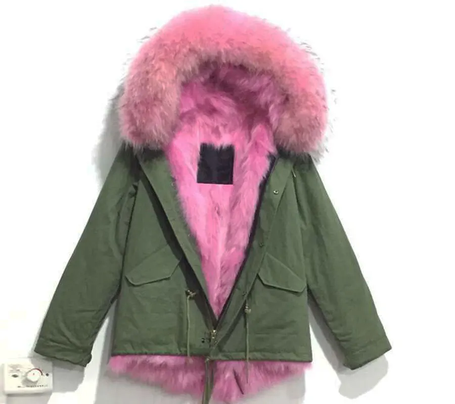 Модная зимняя женская меховая куртка светло-розовая куртка из натурального Лисьего меха короткая парка с большим капюшоном из енота